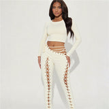 Autumn Winter Women Clothing Long Sleeve Top Sexy Cutout Tied Slim Fit Trousers Two Piece Sets