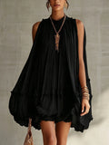 Sleeveless Pleated Dress Women Loose Big Hem A line Girl Dress Holiday Dress