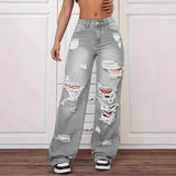 Ripped Jeans Washed High Waist Straight All Matching Loose Denim Trousers Women Jeans