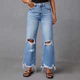 Ripped Tassel Washed Wide Leg Women Jeans