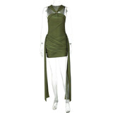 Women Clothing Summer Sleeveless Halter Pleated Waist Tight Slim Sexy Skinny Sheath Dress