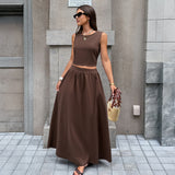 Casual Vacation Sleeveless Backless Top Two Piece Overskirt Solid Color 2026 Spring Summer Two Piece Sets