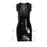 Autumn Women Clothing Sexy Deep V Plunge Plunge Sleeveless Faux Leather Sheath Dress