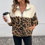Women Clothing Woolen Jacket Long Sleeved Autumn Winter Leopard Print Wool Warm Polo Collar Top