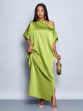 Women Clothing Early Autumn Satin Dress Yellow Satin Maxi Dress