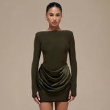 Women Clothing Autumn Winter Solid Color Elegant Casual Slim Fit round Neck Long Sleeves Pleated Short Dress