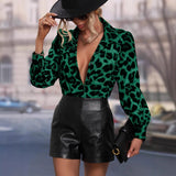 Women Clothing Satin Shirt Early Autumn Casual Leopard Print Sexy Long Sleeved Top