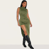 Summer Personality Slim Fit Pleated Sheath Side Slit Sleeveless Dress Women