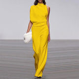 Women Pants Solid Color One Shoulder Pile Collar Jumpsuit Popular Dress Trousers