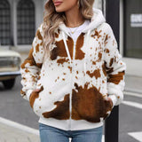 Flash Velvet Autumn Winter Women Clothing Hooded Zipper Plush Printed Cardigan