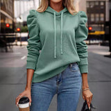 Autumn Winter Polo Collar Hooded Solid Color Long Sleeve Casual Women Top Sweatshirt