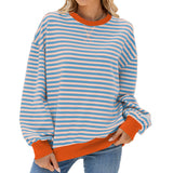 Autumn Winter Striped Round Neck Contrast Color Loose Long Sleeve Sweatershirt Coat Women