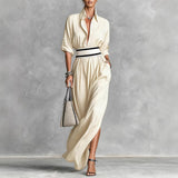 Women Clothing Draping Effect High Slit Maxi Dress Lapels Single Breasted Long Sleeve Dress