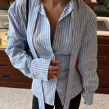 Women Clothing Striped Collared Shirt Women Waist Controlled Long Sleeves Lace up Cardigan Shirt Top