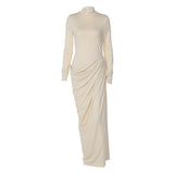 French Women Autumn Sexy Slim Fit Backless Button Solid Color Long Sleeve Dress