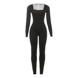 Women Clothing Autumn Winter Sexy U Collar Backless Lace up Long Sleeve Solid Color Hip Lifting Jumpsuit