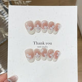 10Pcs White French Pink Heart Diamond Manicure Art Gentle Sweet Short Oval Artificial Wearing Nails Patch Full Cover Press Ons