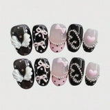 10pcs pure hand pressed short circular nail art, beautiful fake nails, sweet and cool pink bow, suitable for women to use