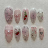 24PCS Wine Red Almond Press on Nails Cartoon Rabbit Bowknot with Plaid Pearl Designs French Fake Nails for Girls Detachable Nail