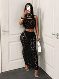 FHSEER Plus Size 2PCS Women's Sexy Set See Through Mesh Hollow Out Crop Tank & High Waist Bodycon Mini Skirt Stretechy Clubwear