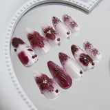24pcs Flower Print Press on Nails Wine Red Blush Almond False Nail Tips Wearable Reusable Summer Spicy Girl Fake Nails