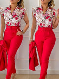 Elegant Women Two Piece Set Suits New Fashion Printed Ruffle Sleeve Top Solid Color Pants Set With Belt  Blouses Female Clothing
