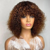 Jerry Curly Short Bob Human Hair Wig with Bangs | Glueless Highlight Honey Water Wave Blonde Wig for Women (Ready-to-Go)