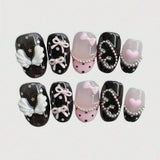 10pcs pure hand pressed short circular nail art, beautiful fake nails, sweet and cool pink bow, suitable for women to use
