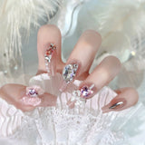 24pcs New Year Heavy Metal Press on Nails Chinese Bride Wedding Fake Nails Full Cover Wearable Shiny Large Crystal False Nails