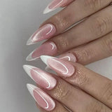 24pcs Glossy Red Cat's Eye Press On Nails Full Cover Nude Color Wearable Almond False Nails Charms Detachable Fake Nail For Girl