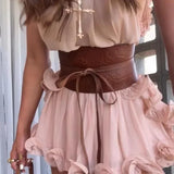 Elegant Ruffle Mini Skirt Set Women Sleeveless Halter Irregular Ruffles Top Mini Loose Short Skirts Sets 2025 Summer Lady Suit
