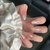 24Pcs Metallic Cat Eye French Sheer Manicure Tip Art Textured 3D Acrylic False Nails Nude Pink Almond Medium Press on Fake Nails