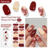Harunouta 16strips Gradient Red Marble Gold Line Semi Cured Gel Nail Strips DIY Gel Polish Stickers for Nails Work with UV/LED