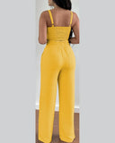2 Piece Outfits For Women 2025 Sexy V-Neck Strap Shirred Slim Crop Top & Lace-up Wide Leg Pants Sets Elegant Office Lady Suit