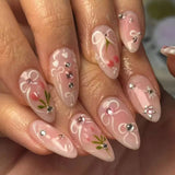24PCS Wine Red Almond Press on Nails Cartoon Rabbit Bowknot with Plaid Pearl Designs French Fake Nails for Girls Detachable Nail