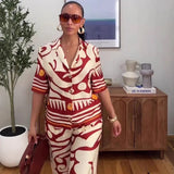 New Fashion Printed Women Two Piece Set Outfits Short Sleeve Turn Down Collar Shirt And Wide Leg Pants Set