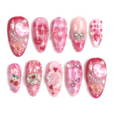 24PCS Wine Red Almond Press on Nails Cartoon Rabbit Bowknot with Plaid Pearl Designs French Fake Nails for Girls Detachable Nail