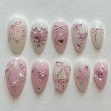 24PCS Wine Red Almond Press on Nails Cartoon Rabbit Bowknot with Plaid Pearl Designs French Fake Nails for Girls Detachable Nail