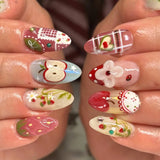 24Pcs 3D Strawberry Rabbit Flower Fake Nails Press on Mid-length Almond Wearable False Nails Green Gradient Pearl Manicure Tips