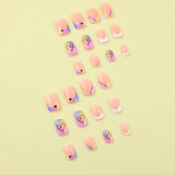 24 pieces of short square fake nails, featuring a halo dyed gradient heart and a colorful French design in European and American