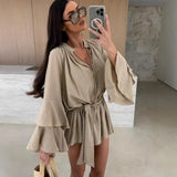 Elegant Fold Dress Women Brown Deep V-neck Long Sleeve Mini Dresses Female 2025 Spring Summer Fashion Loose Lady Vestidos