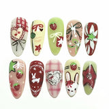 24PCS Wine Red Almond Press on Nails Cartoon Rabbit Bowknot with Plaid Pearl Designs French Fake Nails for Girls Detachable Nail