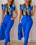 Elegant Women Two Piece Set Suits New Fashion Printed Ruffle Sleeve Top Solid Color Pants Set With Belt  Blouses Female Clothing
