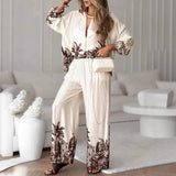 Elegant Women Loose Two Piece Set Chic Floral Print Long Sleeve Shirt Wide Leg Pants Set Bohemian Outfits Loungewear Pajamas Set