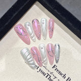 Handmade Press on Nails Blue Aurora Mermaid Fake Nail Patches Wearable Detachable French Pearl Almond False Nail Tips 10pcs