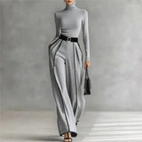 Women Long Sleeve Knit Pullover Two-Piece Set Elegant High Neck Slim Top+Wide leg Pants Spring Autumn new Outfit Suit