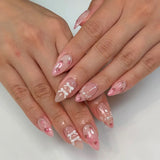 24PCS Wine Red Almond Press on Nails Cartoon Rabbit Bowknot with Plaid Pearl Designs French Fake Nails for Girls Detachable Nail