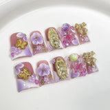 10pcs Ocean Style Fake Nails Duck Bill Press on Nails Set Handmade 3D Flowers Pearl Nail Art Gradient Blush French False Nails