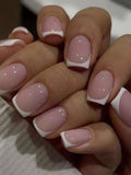 24pcs/set short square fake nails for women cute bride heart white french tips faux ongles y2k press on false nail supplies