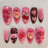 24PCS Wine Red Almond Press on Nails Cartoon Rabbit Bowknot with Plaid Pearl Designs French Fake Nails for Girls Detachable Nail